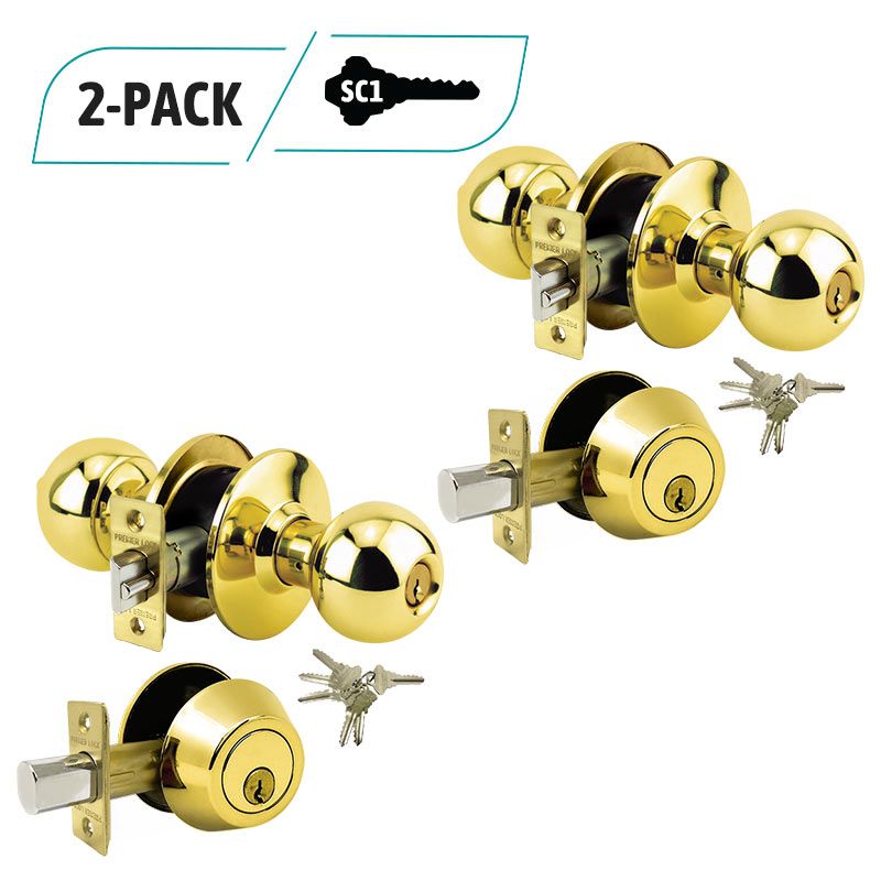 2-Pack Brass Entry Door Knob Combo Lock Set, Deadbolt Combo Lock Set Grade 3, 12 SC1 Keyed Alike