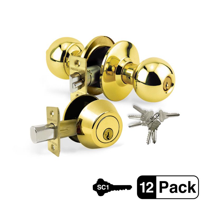 12-Pack Brass Entry Door Knob Combo Lock Set, Deadbolt Combo Lock Set Grade 3, 72 SC1 Keyed Alike