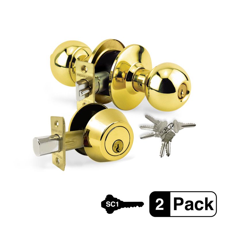 2-Pack Brass Entry Door Knob Combo Lock Set, Deadbolt Combo Lock Set Grade 3, 12 SC1 Keyed Alike
