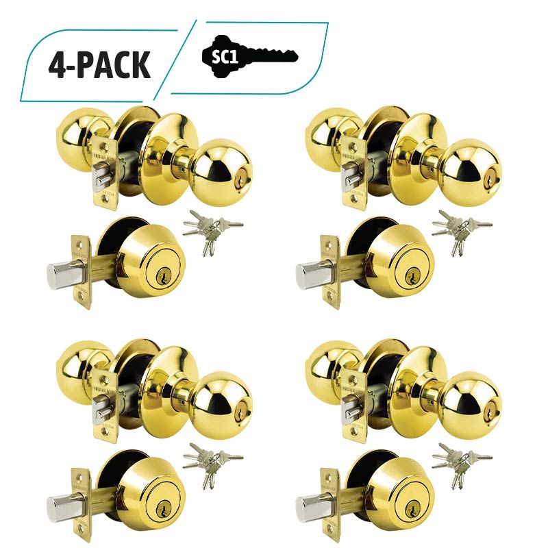 4-Pack Brass Entry Door Knob Combo Lock Set, Deadbolt Combo Lock Set Grade 3, 24 SC1 Keyed Alike