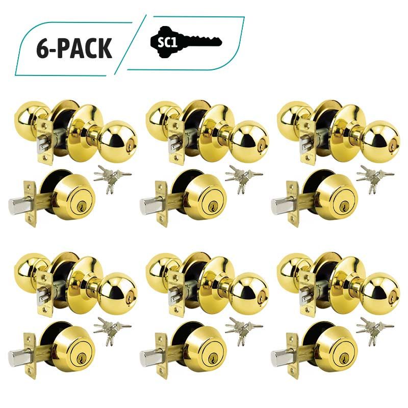 6-Pack Brass Entry Door Knob Combo Lock Set, Deadbolt Combo Lock Set Grade 3, 36 SC1 Keyed Alike