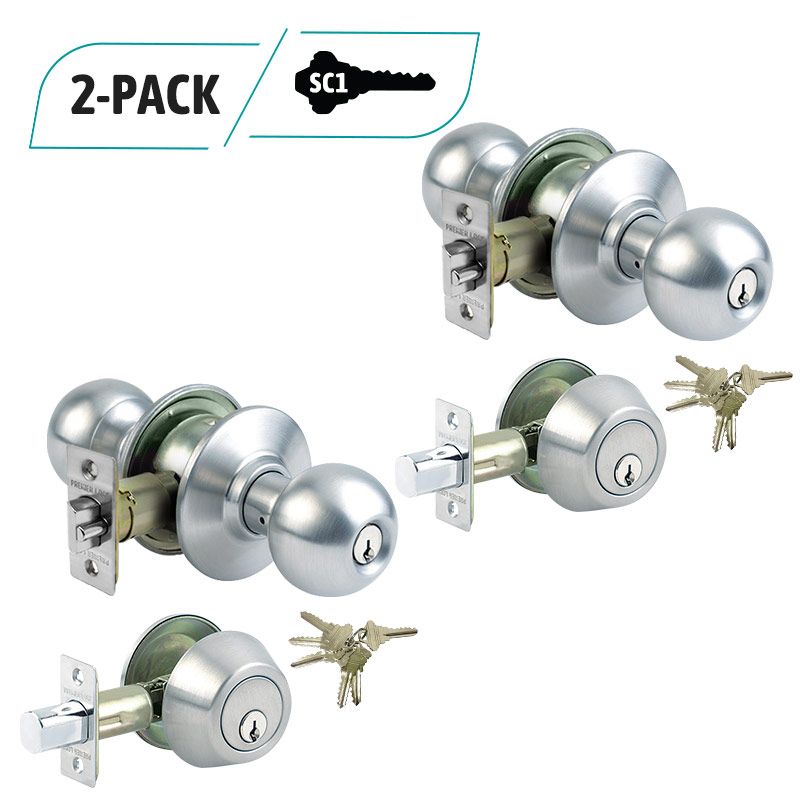 2-Pack Stainless Steel Entry Door Knob Combo Lock Set, Deadbolt Combo Lock Set, 12 SC1 Keyed Alike