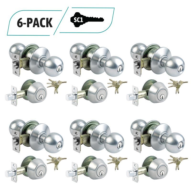 6-Pack Stainless Steel Entry Door Knob Combo Lock Set, Deadbolt Combo Lock Set, 36 SC1 Keyed Alike