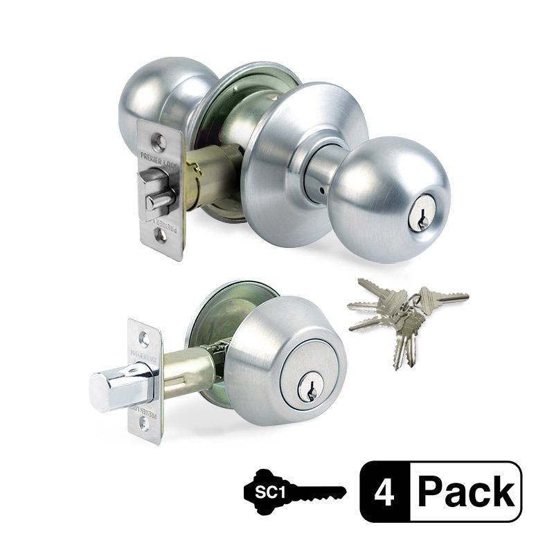 4-Pack Stainless Steel Entry Door Knob Combo Lock Set, Deadbolt Combo Lock Set, 24 SC1 Keyed Alike