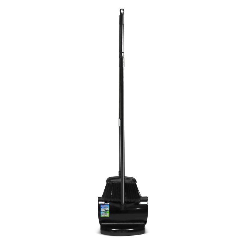 Lobby Dustpan, Angled Broom, Hanging Hook, 33" Handle Aids, PVC Coated Wooden Handle, Black Color