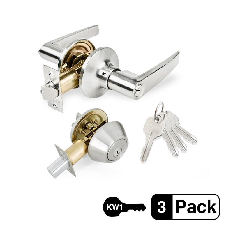 3-Pack Stainless Steel Lever Combo Lock Set, Deadbolt Combo Lock Set, 12 KW1 Keyed Alike