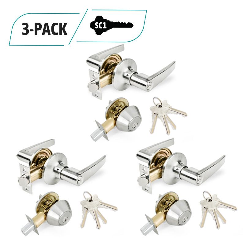 3-Pack Stainless Steel Lever Combo Lock Set, Deadbolt Combo Lock Set, 12 SC1 Keyed Alike