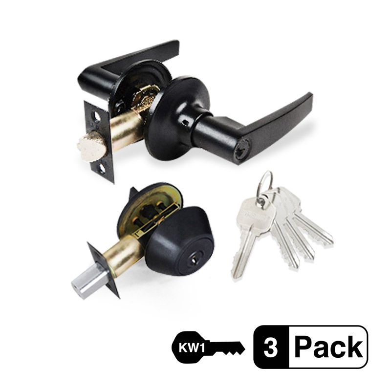 Matte Black Finish Entry Door Handle Combo Lockset with Deadbolt and 4 KW1 Keys, Keyed Alike (3-Pack), by Premier Lock® 