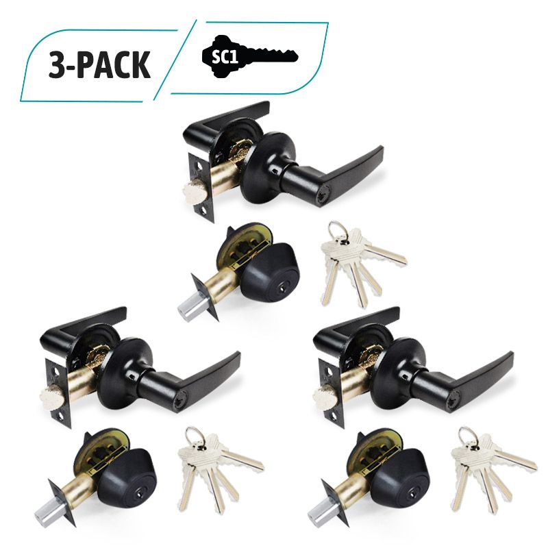 3-Pack Oil Rubbed Bronze Lever Combo Lock Set, Deadbolt Combo Lock Set, 12 SC1 Keyed Alike