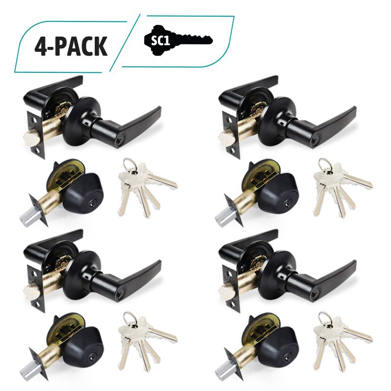 4-Pack Oil Rubbed Bronze Lever Combo Lock Set, Deadbolt Combo Lock Set, 16 SC1 Keyed Alike