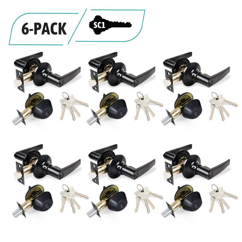 6-Pack Oil Rubbed Bronze Lever Combo Lock Set, Deadbolt Combo Lock Set, 24 SC1 Keyed Alike