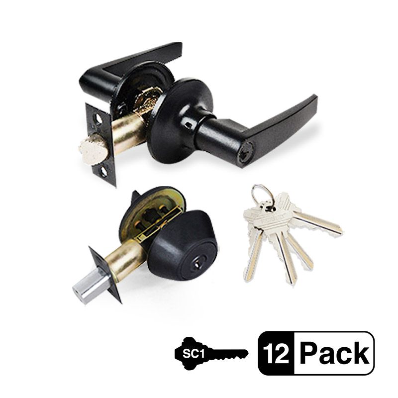 Matte Black Entry Door Handle Combo Lock Set with Deadbolt and 4 SC1 Keys, Keyed Alike (12-Pack), by Premier Lock® 