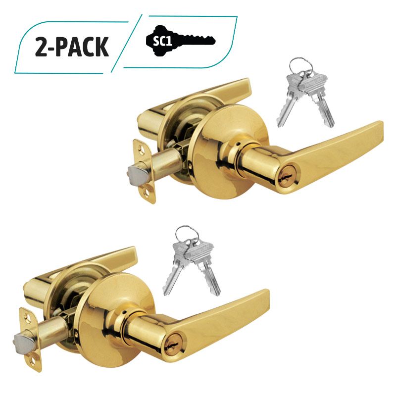 2-Pack Commercial Duty Entry Door Lever Lock Set, Brass Plated Entry Door, 4 SC1 Keyed Alike