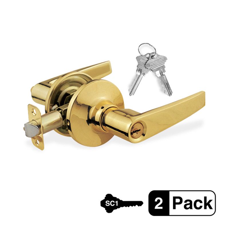 2-Pack Commercial Duty Entry Door Lever Lock Set, Brass Plated Entry Door, 4 SC1 Keyed Alike