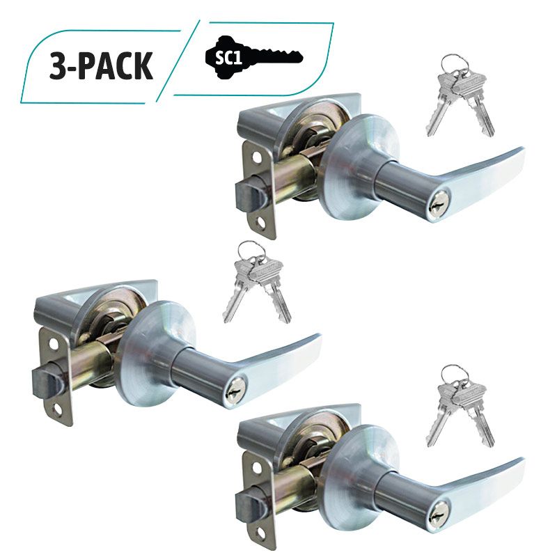 3-Pack Commercial Duty Entry Door Lever Lock Set, Satin Nickel Entry Door, 6 SC1 Keyed Alike