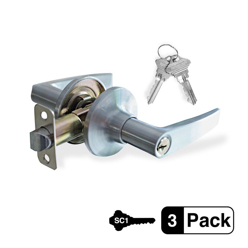 3-Pack Commercial Duty Entry Door Lever Lock Set, Satin Nickel Entry Door, 6 SC1 Keyed Alike