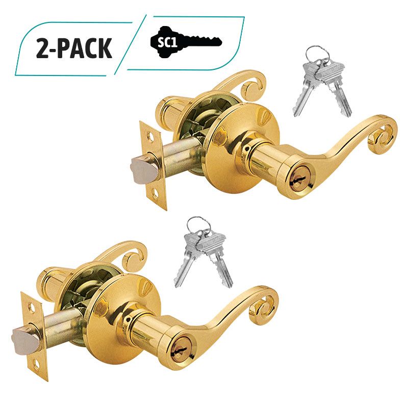 2-Pack Commercial Duty Entry Door Decorative Lever Lock Set, Brass Plated Entry Door, 4 SC1 Keyed Alike