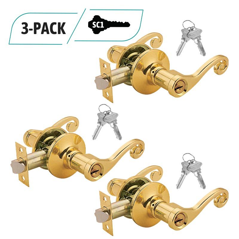3-Pack Commercial Duty Entry Door Decorative Lever Lock Set, Brass Plated Entry Door, 6 SC1 Keyed Alike