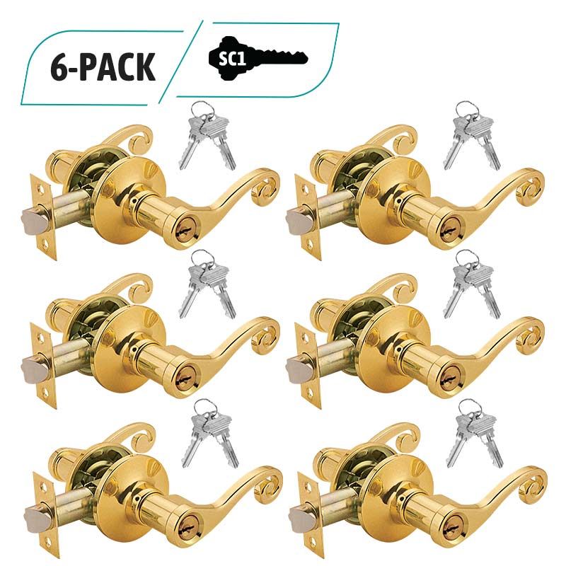 6-Pack Commercial Duty Entry Door Decorative Lever Lock Set, Brass Plated Entry Door, 12 SC1 Keyed Alike