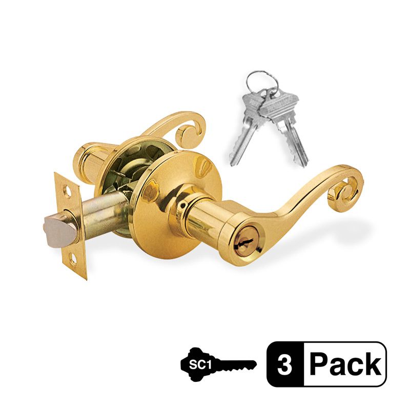 3-Pack Commercial Duty Entry Door Decorative Lever Lock Set, Brass Plated Entry Door, 6 SC1 Keyed Alike