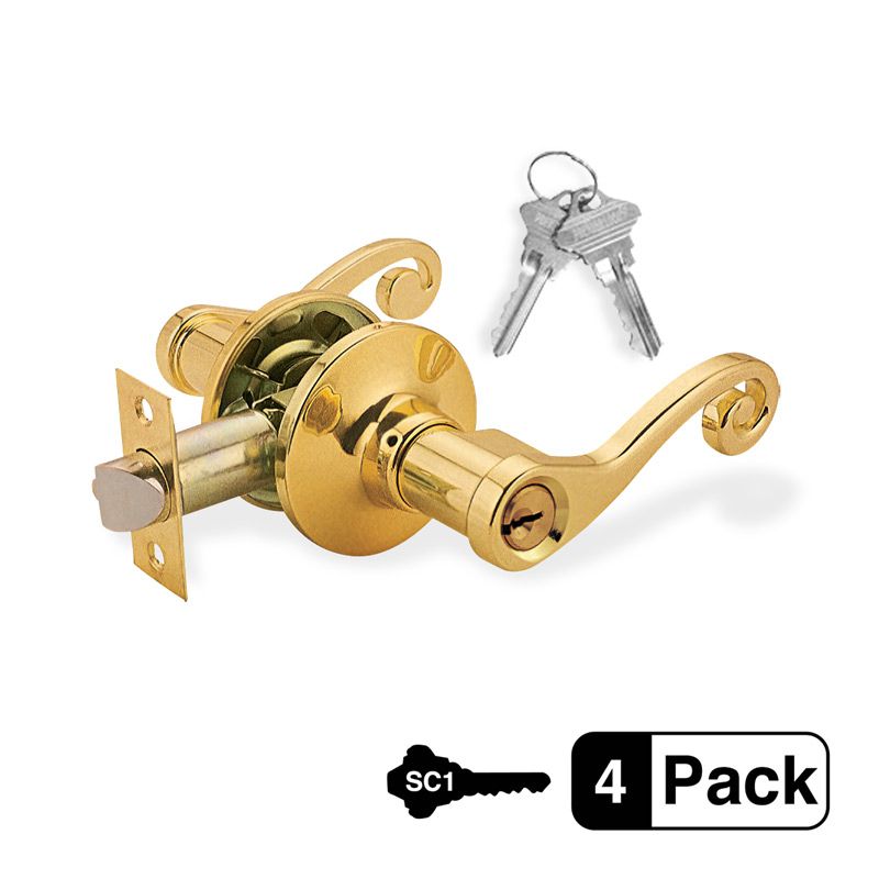 4-Pack Commercial Duty Entry Door Decorative Lever Lock Set, Brass Plated Entry Door, 8 SC1 Keyed Alike