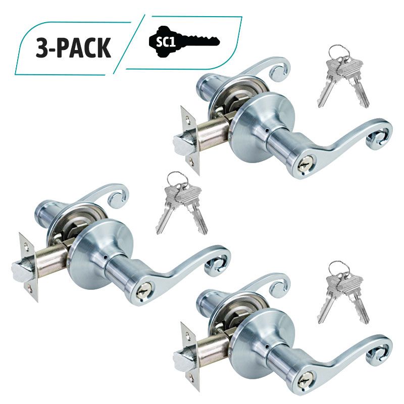 3-Pack Commercial Duty Entry Door Decorative Lever Lock Set, Satin Nickel Entry Door, 6 SC1 Keyed Alike