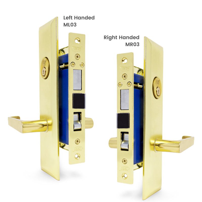 2-1/2" Lever Mortise Keyed Lock Set, Brass Right Hand Mortise Lockset, 2 SC1 Keys, Brass Left Hand Mortise Lockset