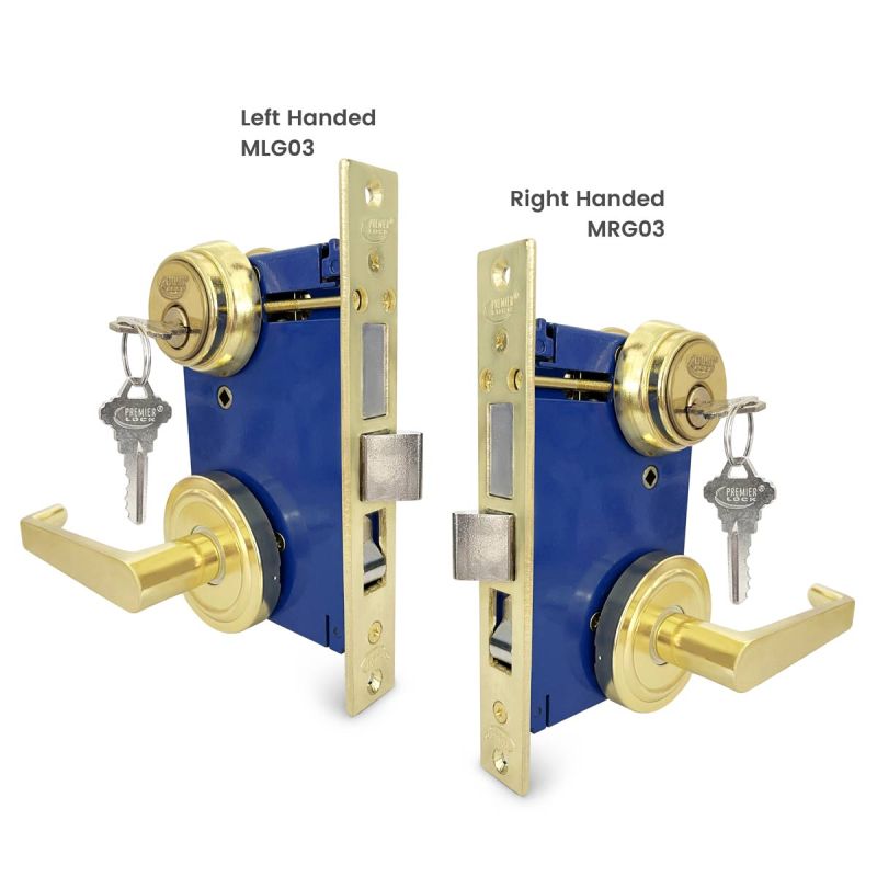 2-1/2” Mortise Gate Lockset Polished Brass, Right Hand Lever, SC1 Keyway, Left Hand Lever