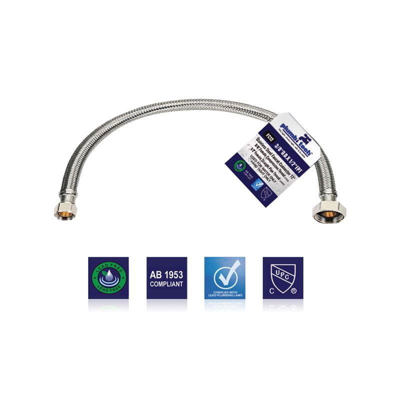 12" X 3/8" OD X 1/2" FPT, Faucet Supply Line Connector, Stainless Steel, Chrome Plated Brass Nuts