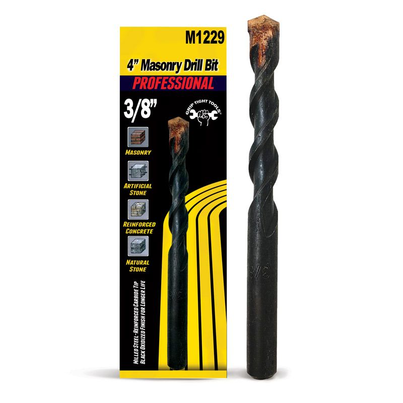 Professional Masonry Drill Bit, 3/16 In. X 4 In., Smooth Shank, Made of Milled Steel, Reinforced Carbide Tip, Black Oxidized Finish