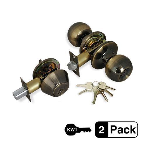 2-Pack Antique Brass Entry Door Knob, Deadbolt Combo Lock Set, 12 KW1 Same Key